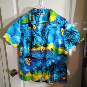 Aloha Rebuplic Tropical Print Cotton SS Button Down Shirt Size XL Womens